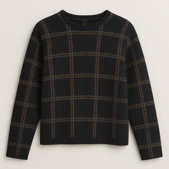 Vince Alpaca Blend Sweater L New Black Taupe Windowpane Plaid Wool Soft Knit - Picture 4 of 8